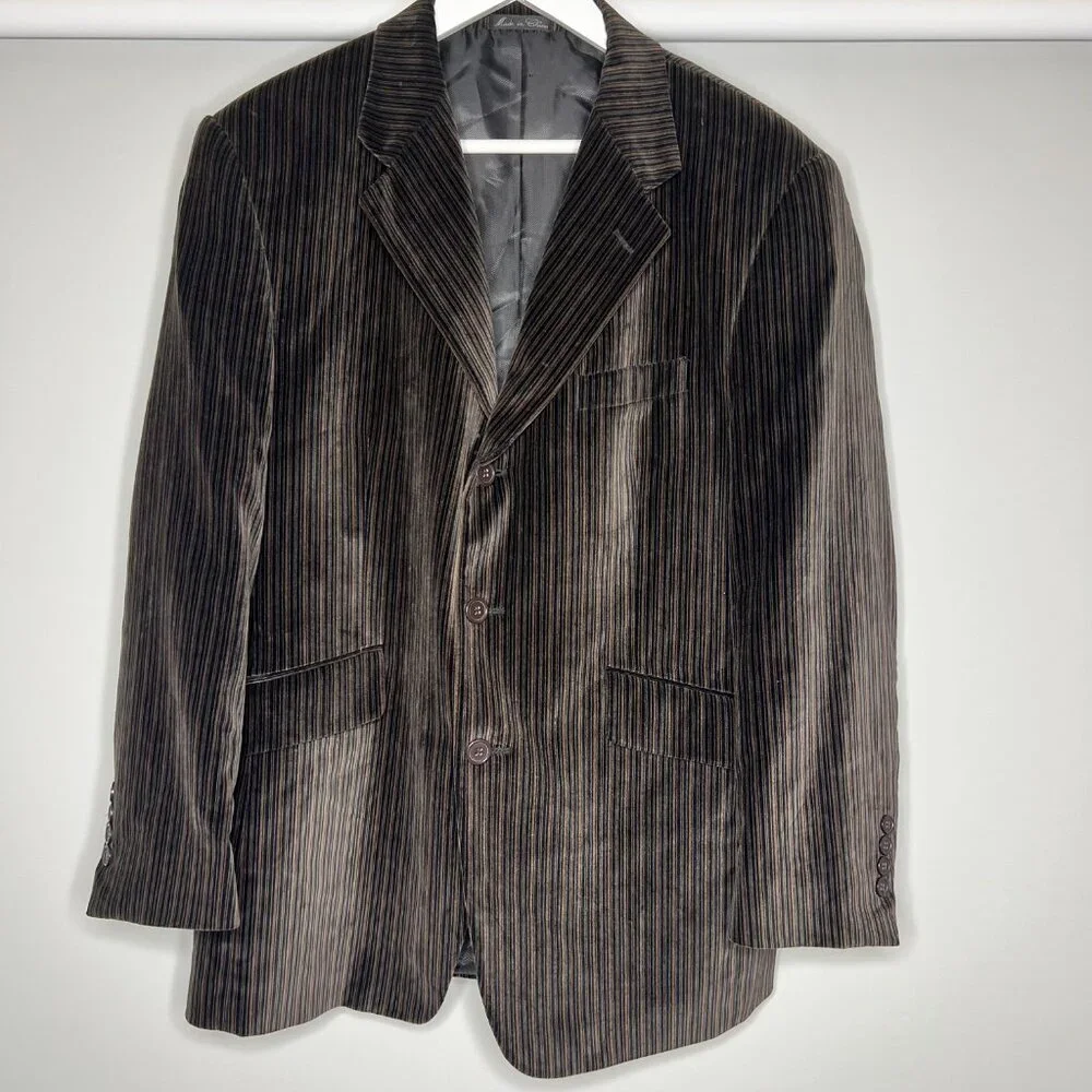 Adolfo Mens Velvet‎ Blazer 42S Brown Striped 3 Button Winter Collegiate Business